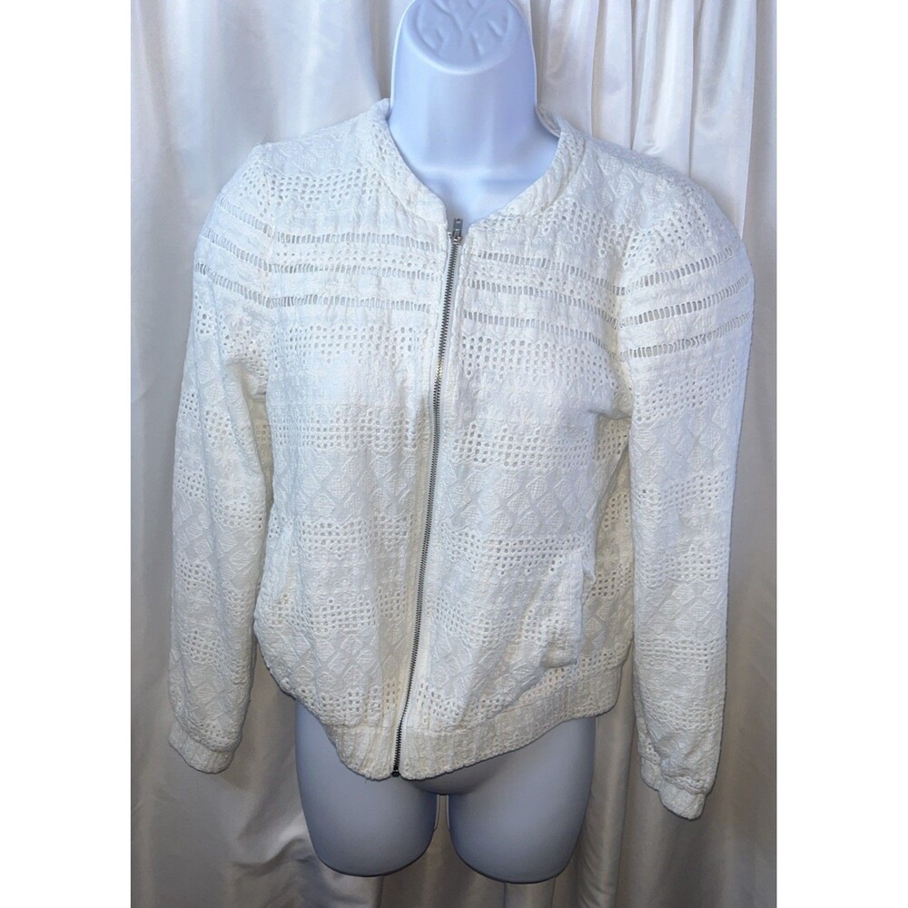Skies are Blue Women’s Classic White Eyelet Lace Bomber Jacket Size XS Angel